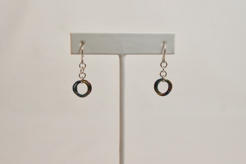 Dangling Mobius Earrings in Rainbow Niobium and Silver Enameled Copper